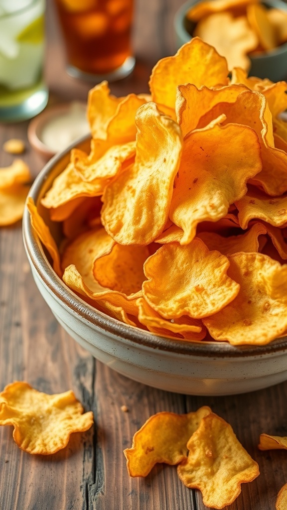 A bowl of golden crispy potato chips with a dip on a rustic table.